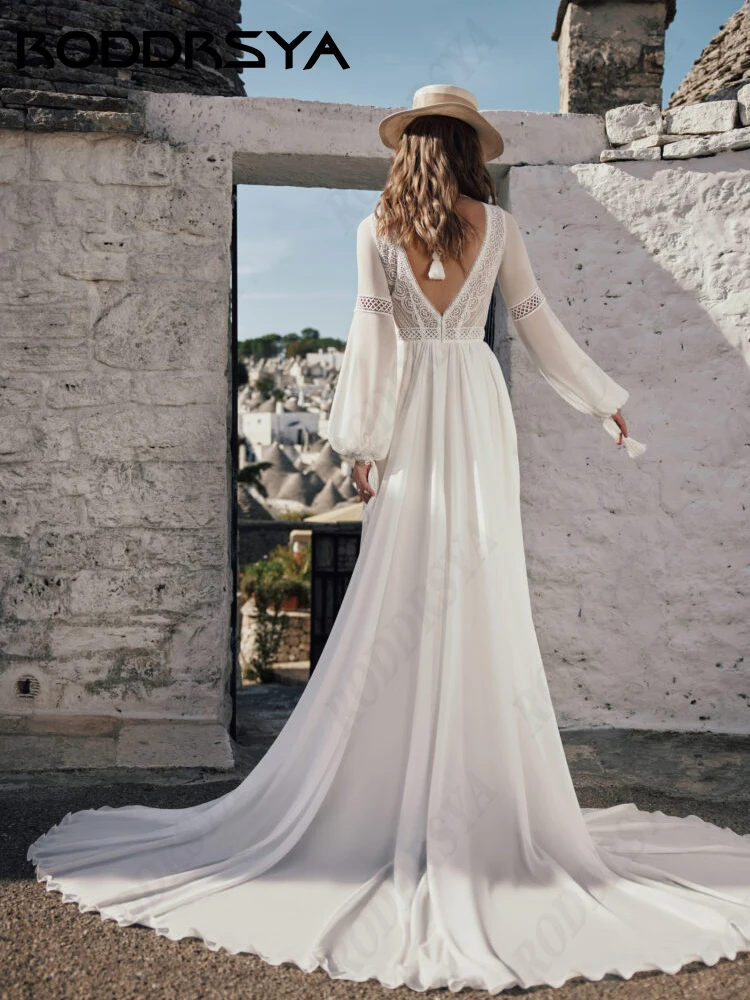 RODDRSYA Boho Elegant Long Sleeve Wedding Dress For Women Beach V-Neck A-Line Bridal Party Romantic Chiffon Backless Brautkleid 5