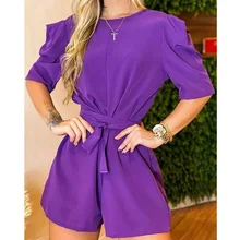 

Jumpsuit Shorts Women's Summer 2022 Solid Color Round Neck Short Puff Sleeve High Waist Lace Up Casual Playsuits