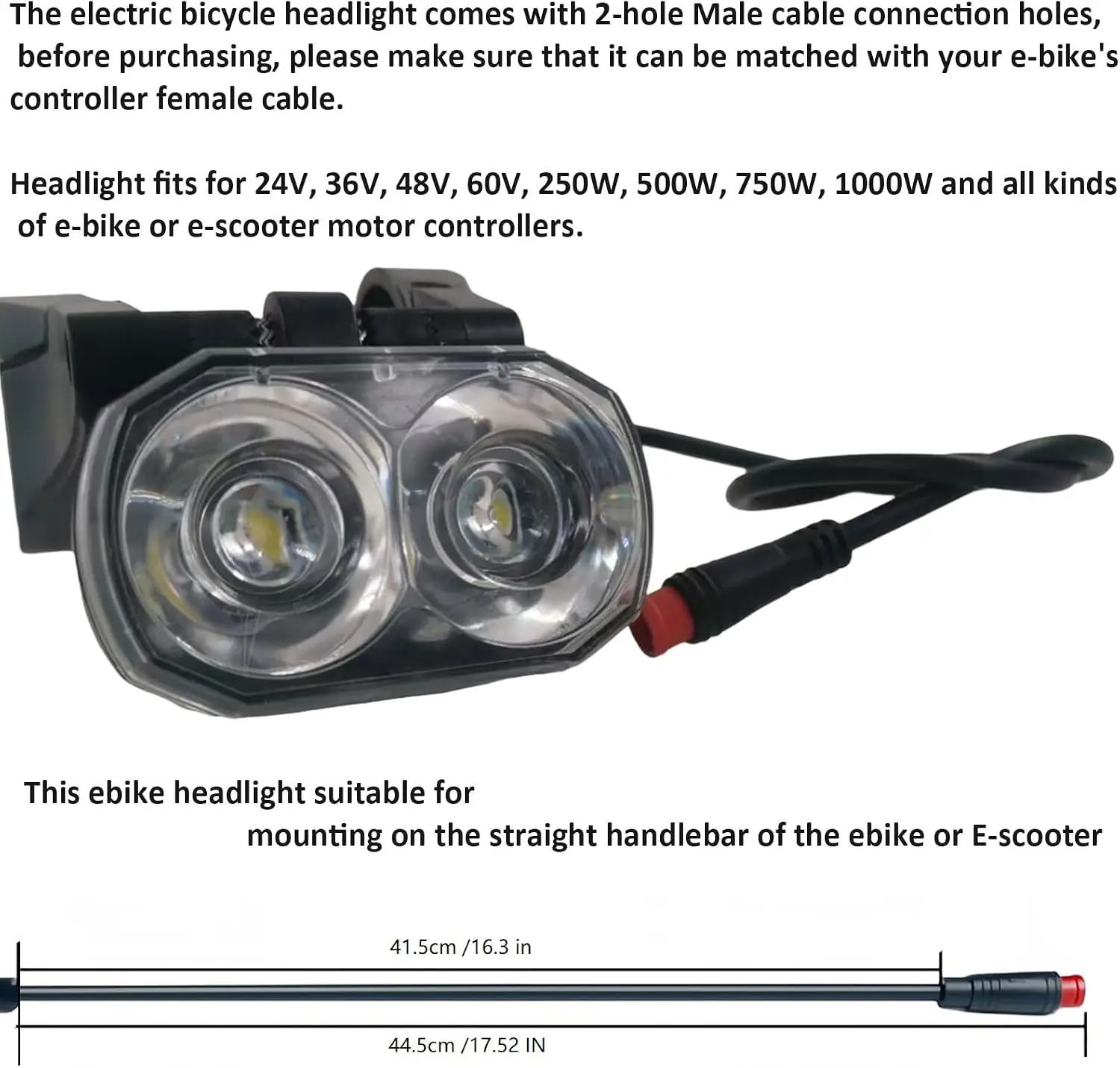 24-60V 방수 LED 전기자전거 헤드라이트(혼 포함), 2/3핀 남성/여성 플러그, 핸들바 장착 디자인