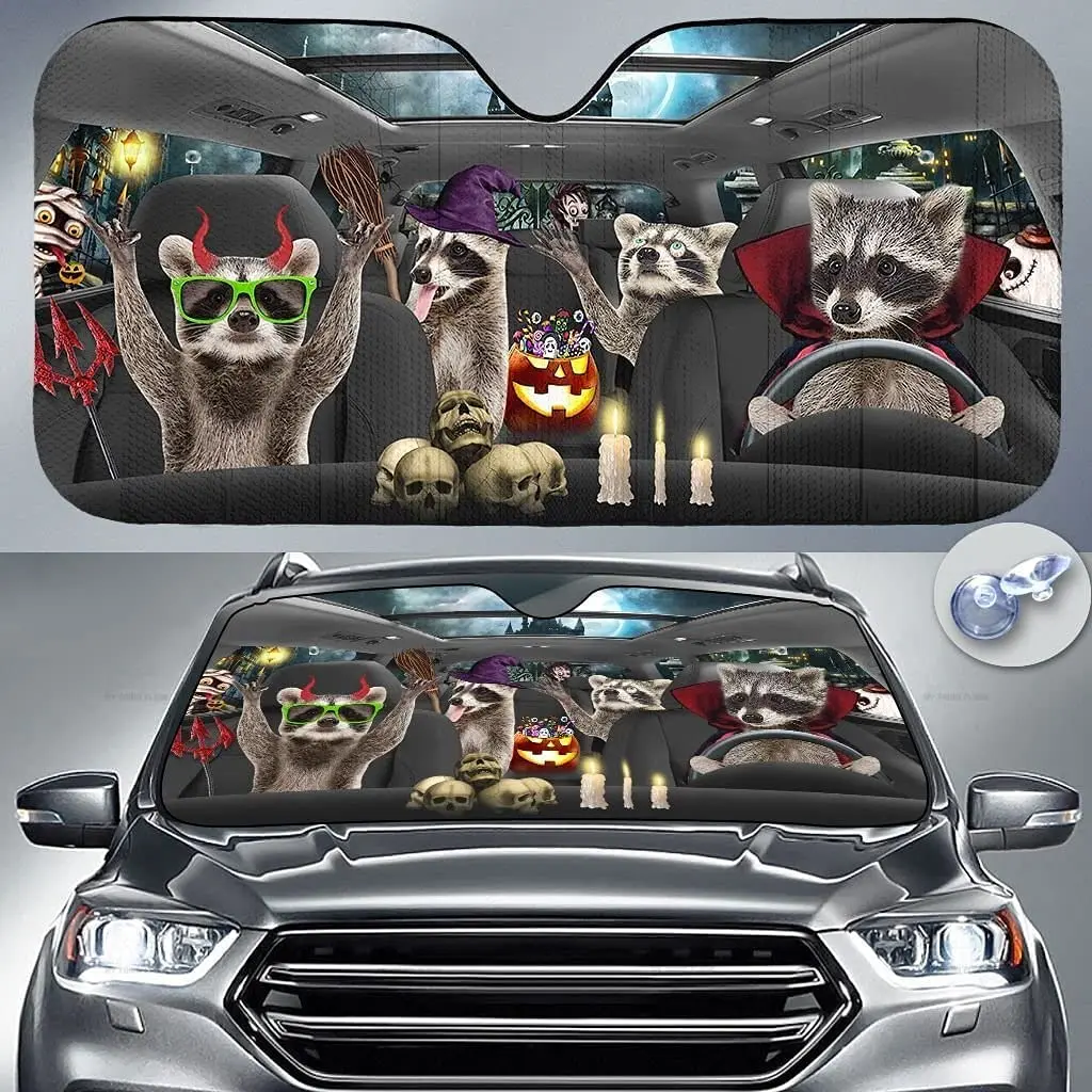 

Funny Raccoon Family in Halloween Costumes Driving Xmas Car Sunshade Windshield Window, Gift for Raccoon Lover, Car Windshield A