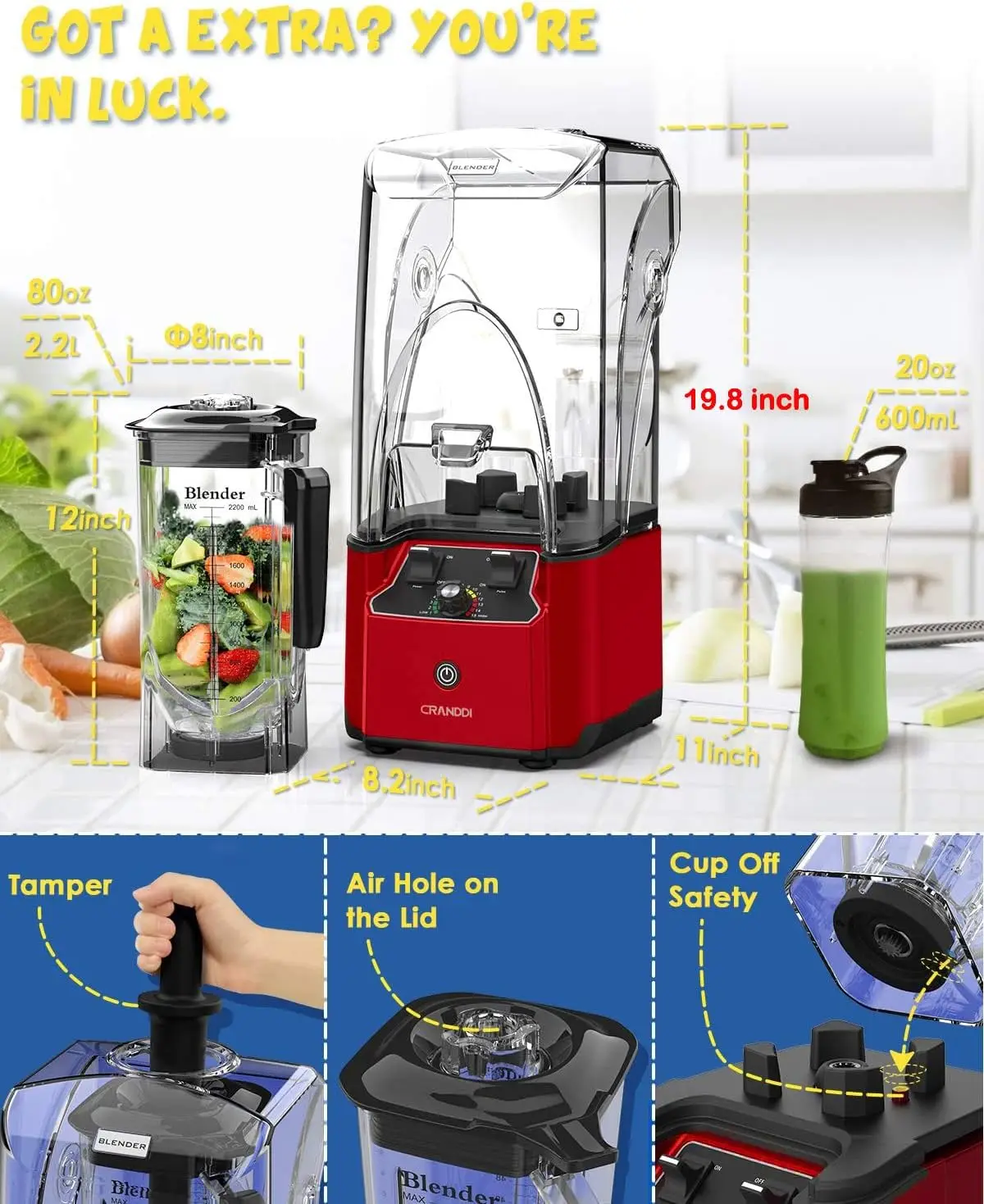 Commercial Quiet Blender, 2200 Watt Professional  Blender with 80oz Pitcher, Built-in Pulse & 15- 5
