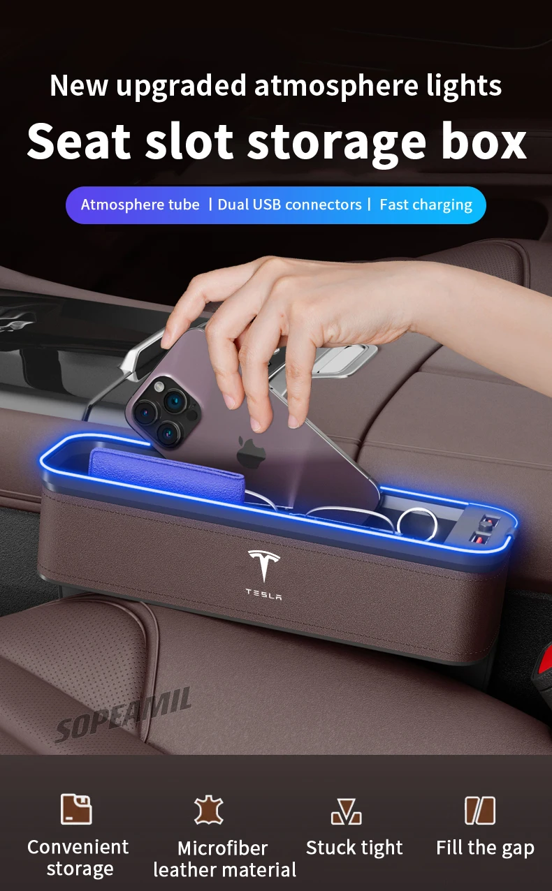 Car USB Charging Multifunction Crevice Storage Box Seat Gap Box For Tesla Cybertruck Roadster Model 3 Model Y Model S Model X