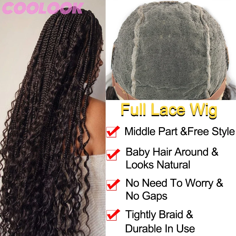 Synthetic Box Braided Full Lace Wigs 32'' Bohemian Goddess Square Part Braid Lace Front Wig Dark Brown Braids Wig with Curly End