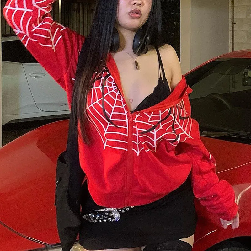 

Spider Printing Hoodies Women High Street Harajuku Retro Hip Hop Zip Up Hoodie Loose Man Sweatshirt Hoodie Clothes Y2K Hoodie