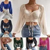 Ladies Blusas Summer Short Tshirt Woman Clothes Long Sleeve T Shirt Sexy V-neck Women T Shirt Casual Drawstring Crop Tops Tee - Image 3