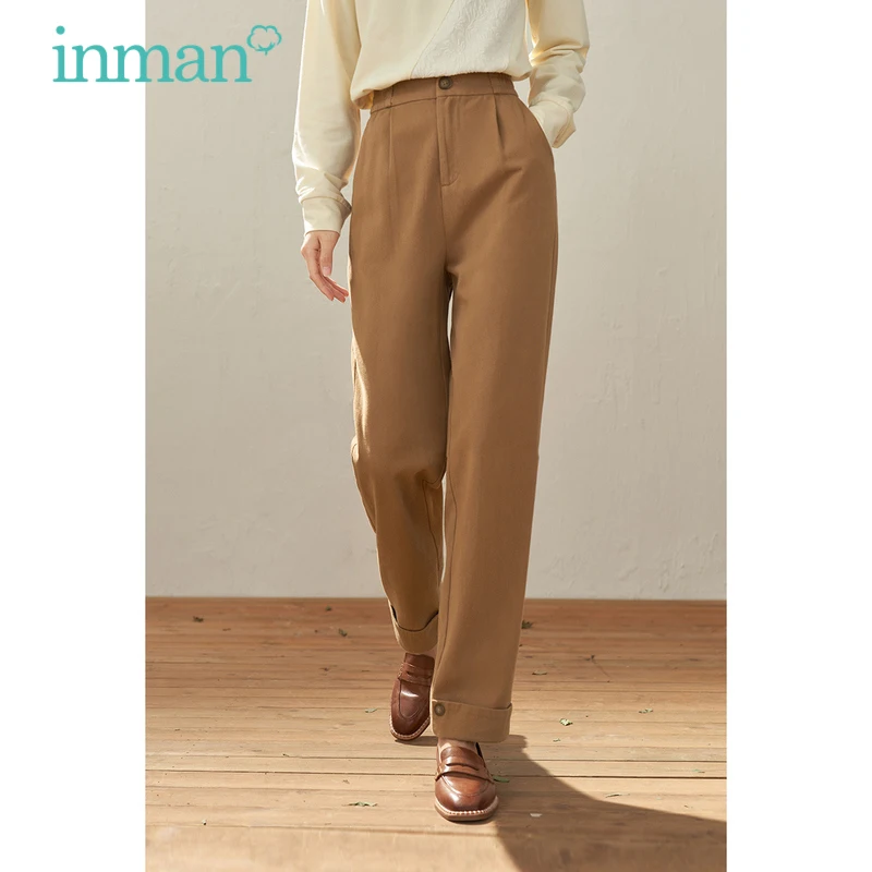 INMAN Women Pants 2023 Autumn High Waist Straight Long Trousers 100% Cotton Fashion Commuting All-match Coffee Pant