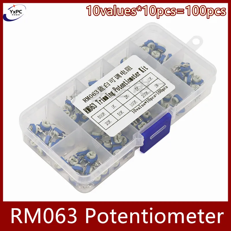 10values*10pcs=100pcs RM063 Vertical Adjustable Resistor Kit In Box 500 ohm-1M ohm Multiturn Trimmer Potentiometer Set