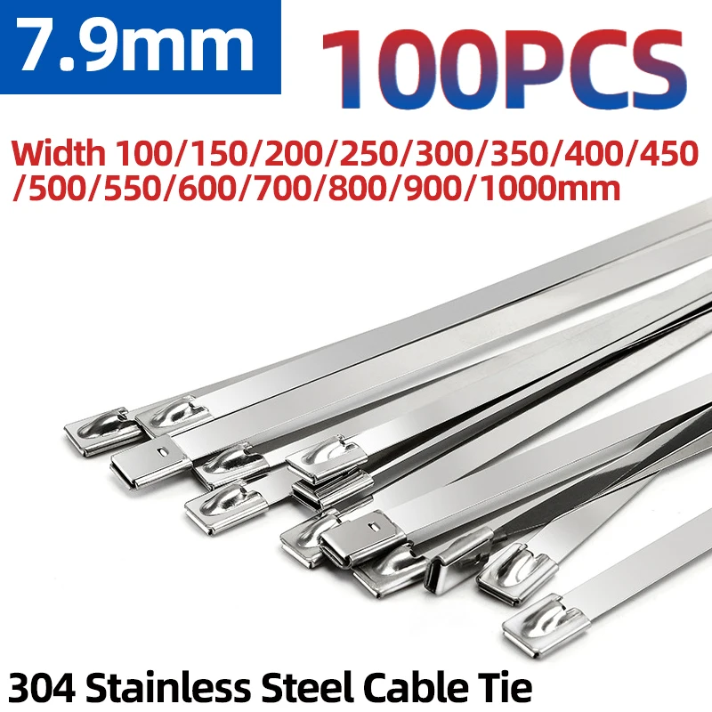 100Pcs Width 7.9mm Stainless Steel Metal Cable Ties 100 1000mm Exhaust