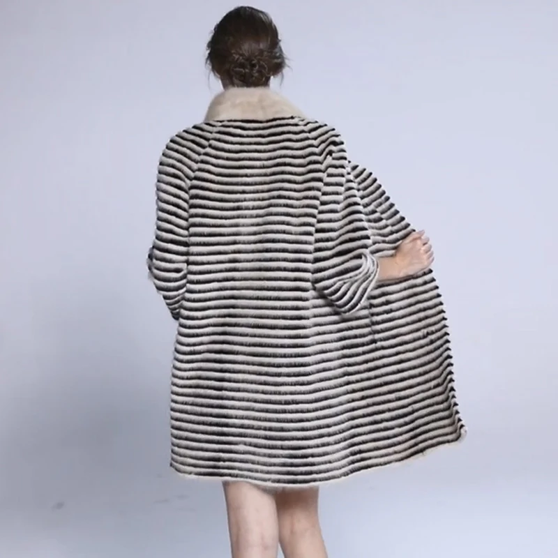 Hot Sale Faux Mink Rabbit Fur Coat Long Casual Soft And Comfortable Standing Collar Striped Ladies Coat