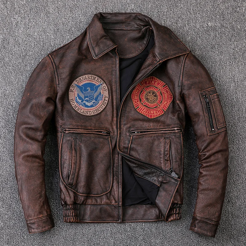 2024NewgenuineLeatherjacketVintageBrownCowhideCoatMenMilitary