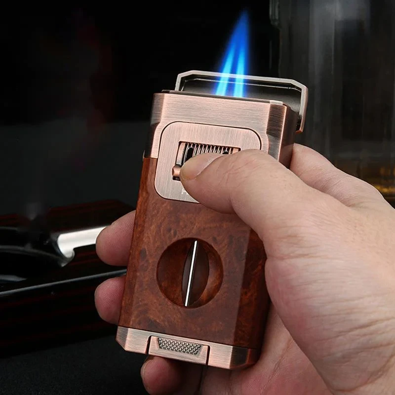 

HONEST Unique Cigar Lighter With V Cutter Cigar Holder Double Jet Flame Butane Refillable Torch Lighter Luxury Cigar Accessories