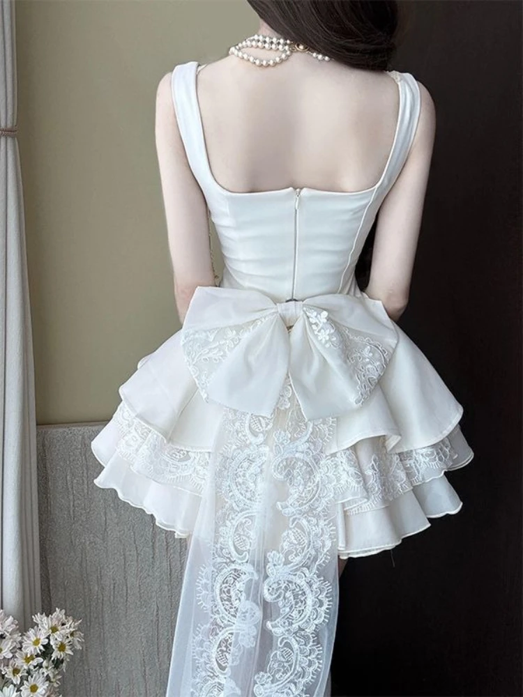 Abito Elegante di Lusso Francese da Donna, Vestito Slim in Pizzo con Fiocco Staccabile, Gonna a Palloncino Senza Maniche, Outfit Estivo Chic Coquette per Feste - immagine 4