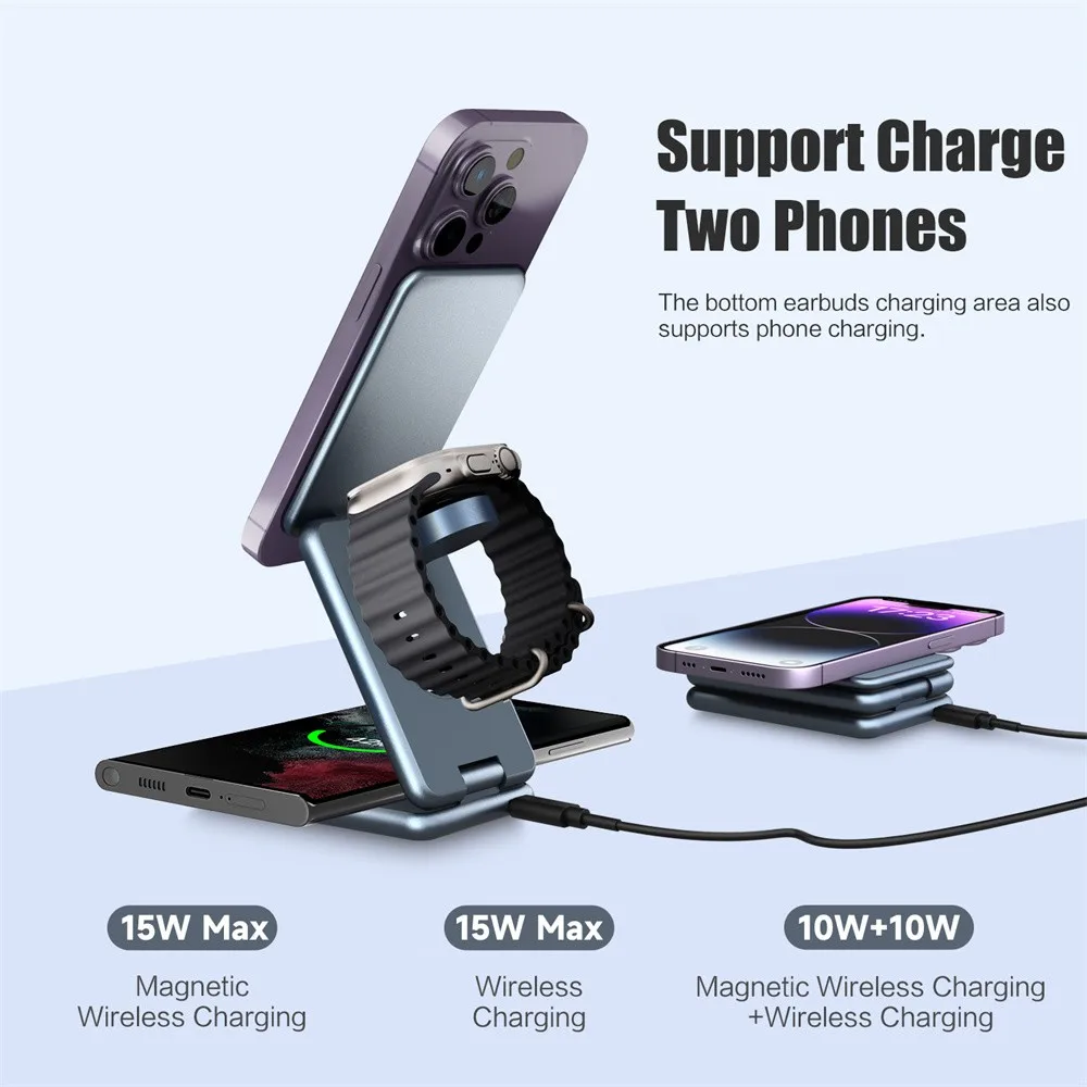 3 in 1 휴대용 무선 충전기 스탠드 독 삼성 시계 용 Apple Watch 8 7 For iPhone 14 13 12 접이식 고속 충전 스테이션