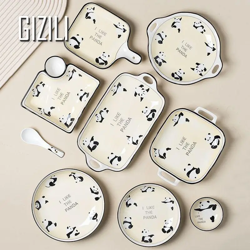 Cute Panda Ceramic Dinnerware Food Plate Cartoon Dinner Plates Set Ableware Bowl Set Household Salad Bowl Kitchen Supplies