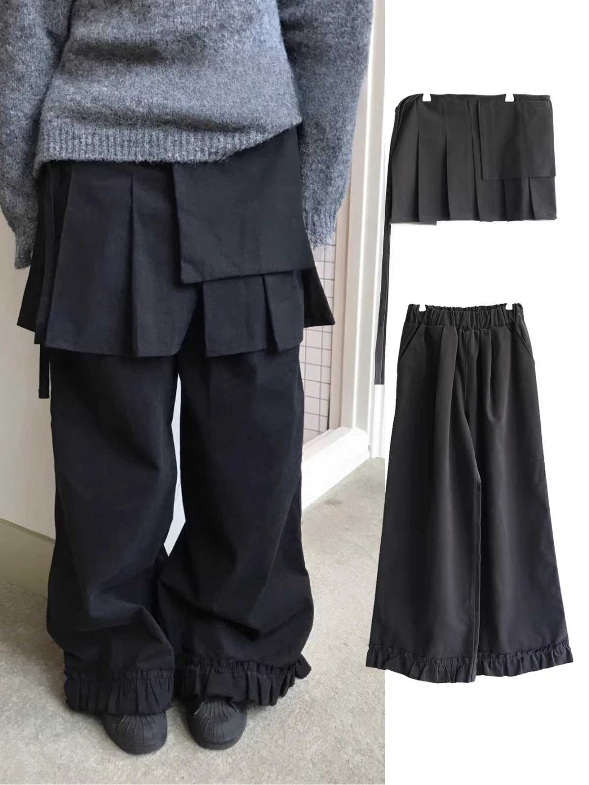 KUSAHIKI Retro Street Causal Irregular Two Piece Detachable Spicy Girl Skirt Pants 2