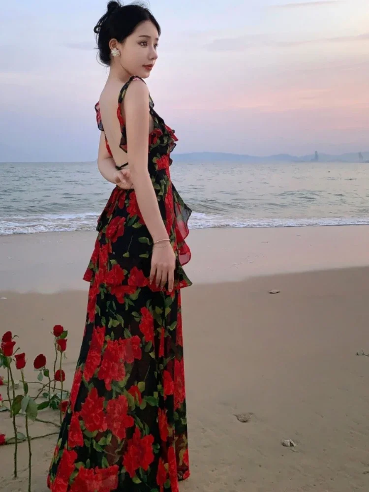 

Real shot seaside holiday style V-neck vintage rose print backless temperament slimming beach long dress