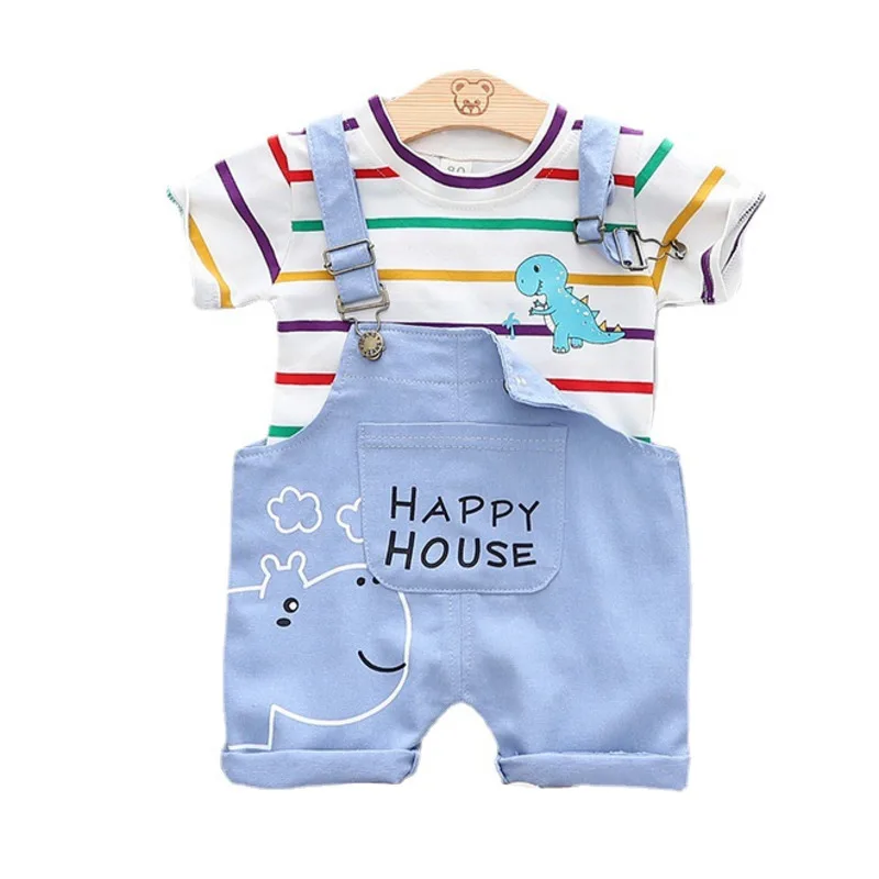 Summer Baby Kids Boys and Girls Short Sleeves Striped T-shirt and Plain Overalls Clothing Set