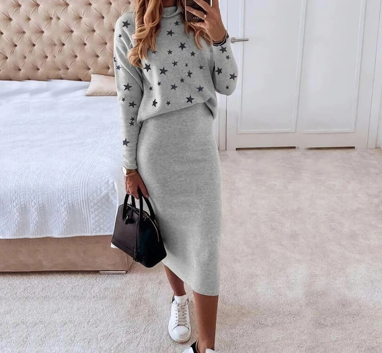 Skirt Sets Fashion Long Sleeve Print High Neck Tight Pullover Top Versatile Casual Hip Wrap Dess Two Piece Suit Y2k Streetwear bkld women clothing 2023 new arrivals long sleeve mesh stitching sexy hollow out tight high waist black bodysuits y2k tops