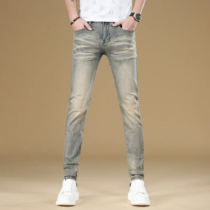 Retro Jeans Men\'s Simple Fashion Brand Slim Fit Skinny High-End Casual All-Match Stretch Worn Looking Washed-out Pants