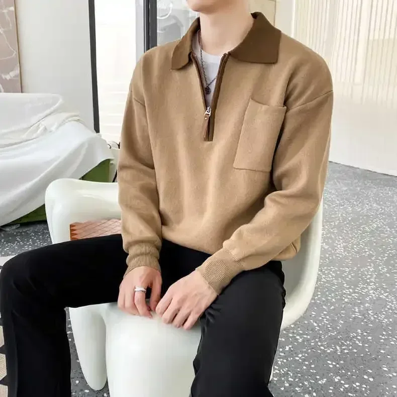 thumbnail image 1 of Suéteres de punto para hombre, ropa para hombre con cremallera empalmada, jerseys con bolsillos, polo marrón con cremallera, calefactados, económicos, coreanos, otoño 2024 AS, 1 of 5
