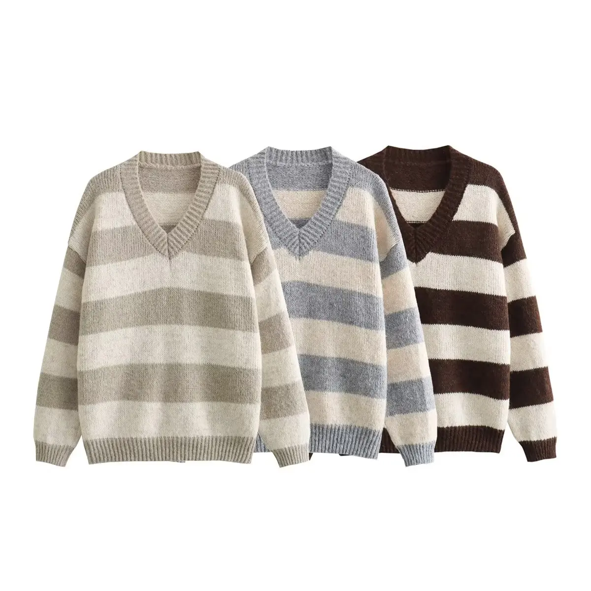 

Women 2023 New Fashion Wide Stripe stitching Casual Knitted Sweater Vintage V Neck Long Sleeve Female Pullovers Chic Tops