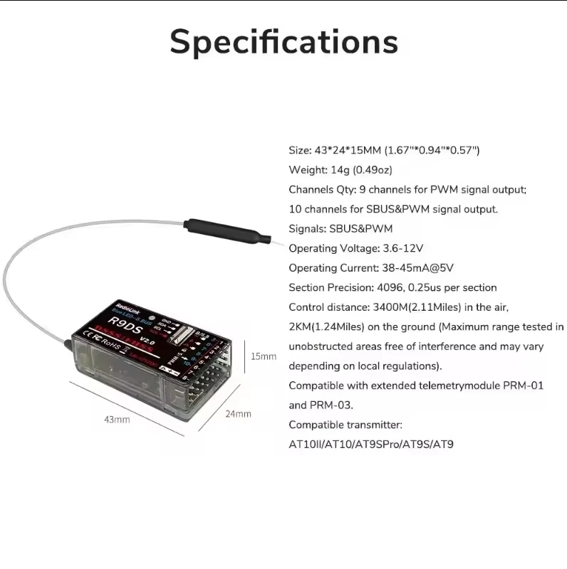 Receptor Radiolink R12DS 2.4GHz 12 Canales SBUS/PWM Para Aviones Y Drones, Alcance 4 Km, Compatible Con AT10II/AT9S Pro