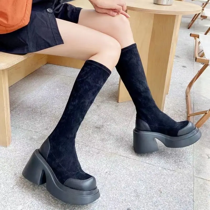 

Elegant Heeled Winter Knee High Shaft Black Long Elastic Ladies Boots Footwear Shoes for Women Platform Heels on Promotion Hot