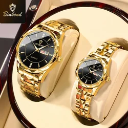 Elegant BINBOND Waterproof Diamond Couple Watches - Stainless Steel Quartz Timepieces (Couple Gold Black)