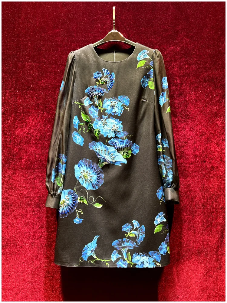 

Europe and the United States women's 2024 summer new Round neck Long sleeve studded blue morning glory print fashion Dress XXL