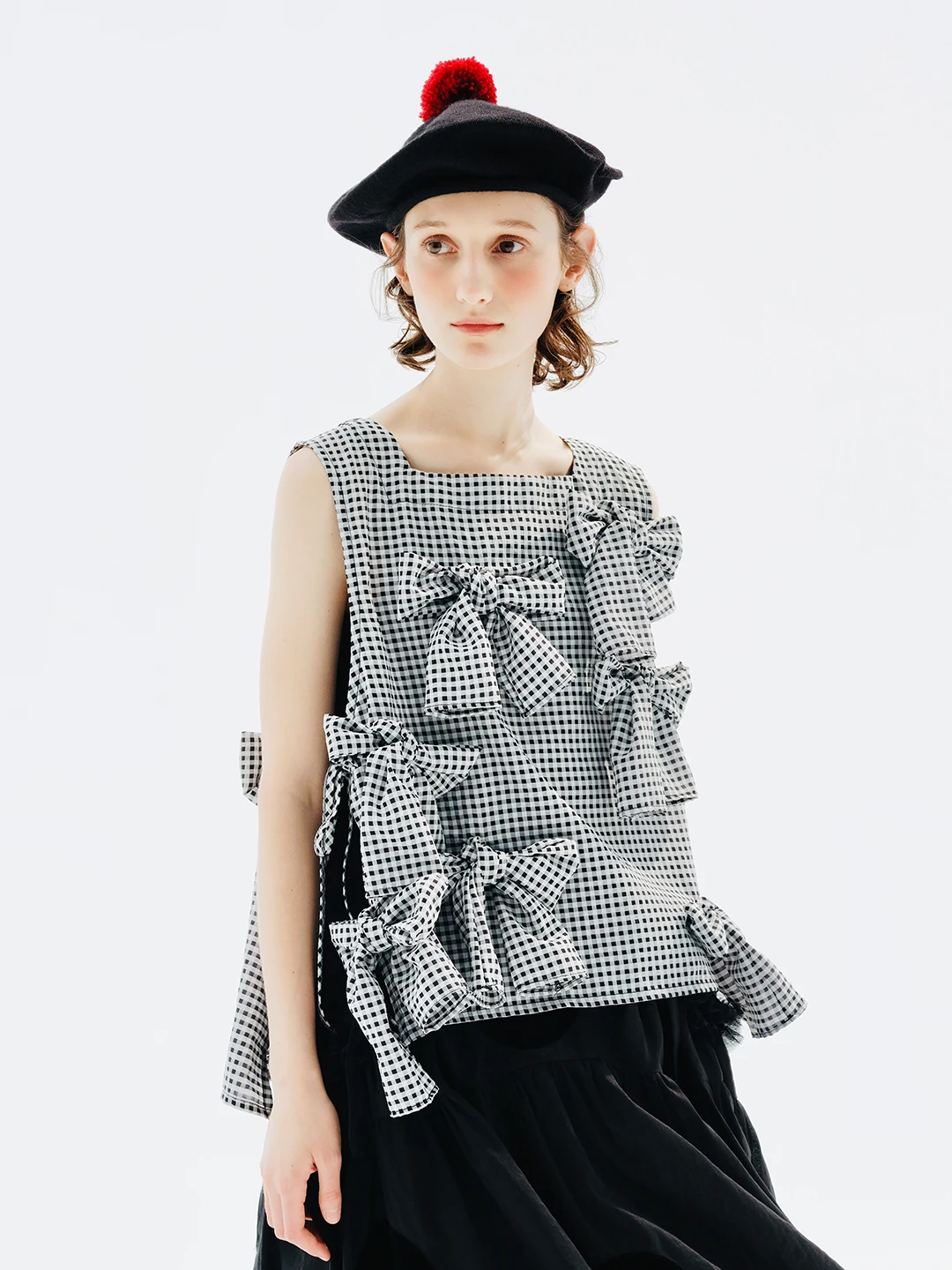

imakokoni original 2023 summer new plaid bow blouse sleeveless female niche 234158