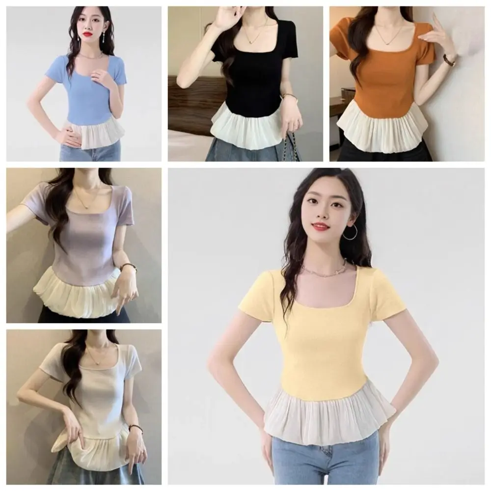 Short Sleeve Summer Knitted T-Shirt U-neck Patchwork Sweet Crop Tops Korean Style Slim Fit Mesh Ruffle T-Shirt Streetwear