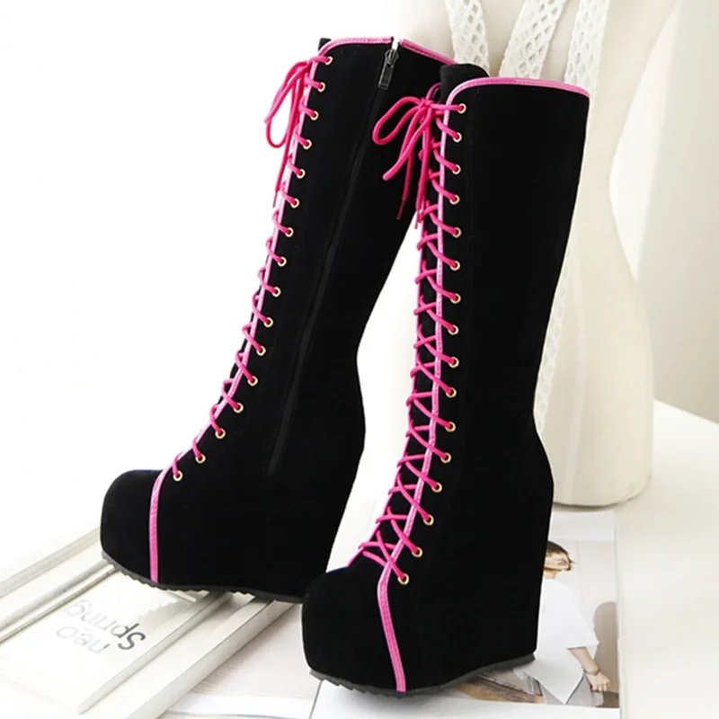 Fashion Knee High Boots Women Platform Sexy Wedge Heels Women's High Boots Lace-up Round Toe Black Dance Shoes For Girls - Image 3