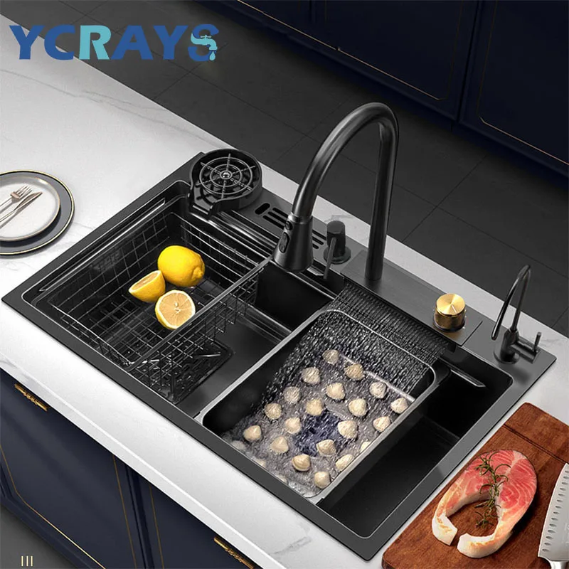 YCRAYS Nano Kitchen Sink With Knife Holder Black Waterfall Faucet Large Single Bowl Accessories Pure Tap Cup Wash Soap Dispenser 2