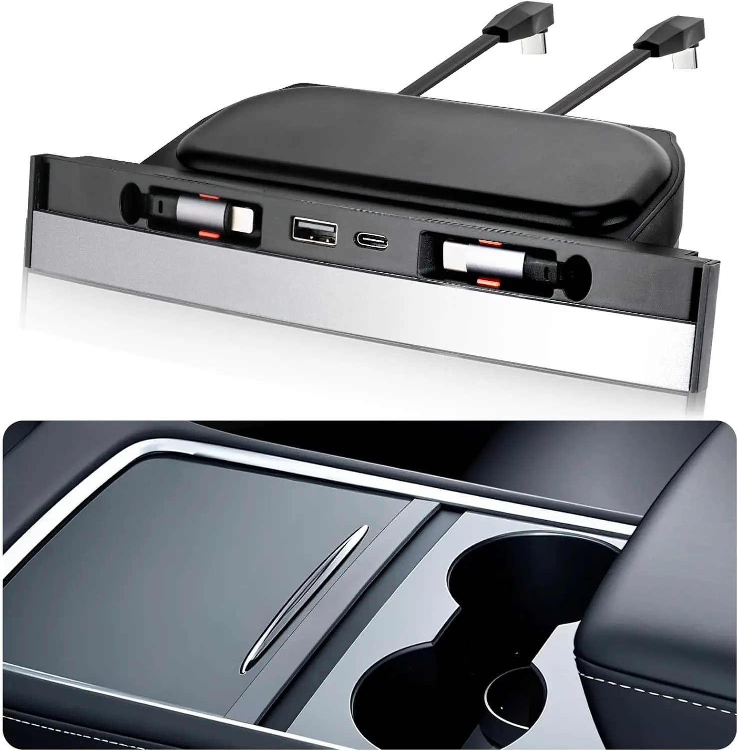 USB Hub for Tesla Model Y 2020-2024 Model 3 2020-2023 with Sliding Cover Multi Ports Fast Charger with Retractable Cables Waterp