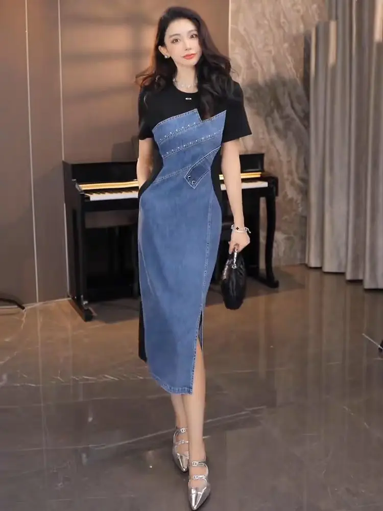 Spring Summer Patchwork Denim Dress Women Korean Fashion