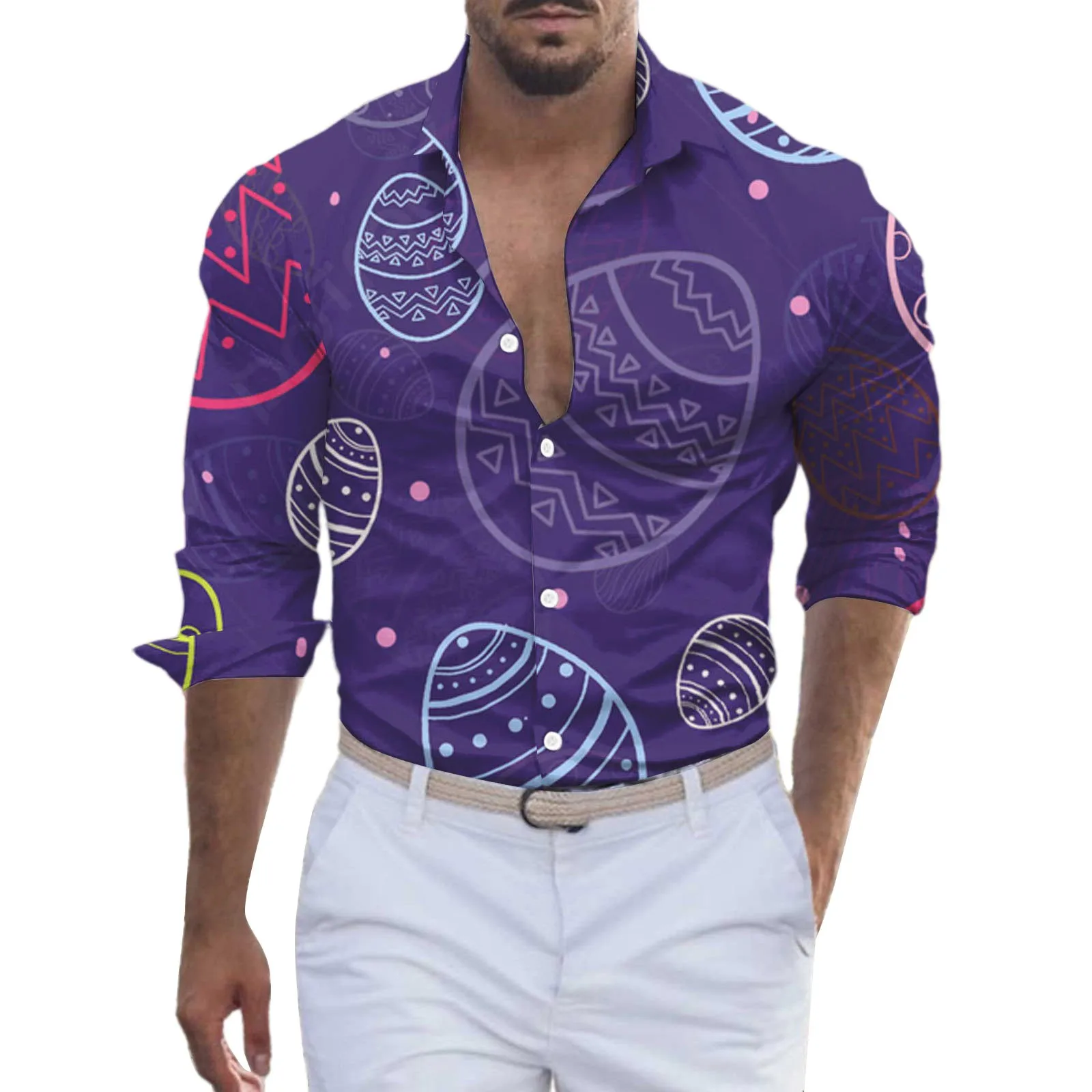 

Мужская Пасхальная рубашка с длинным рукавом, праздничная Непринужденная и Удобная стильная простая полностью Этническая Свободная рубашка с принтом