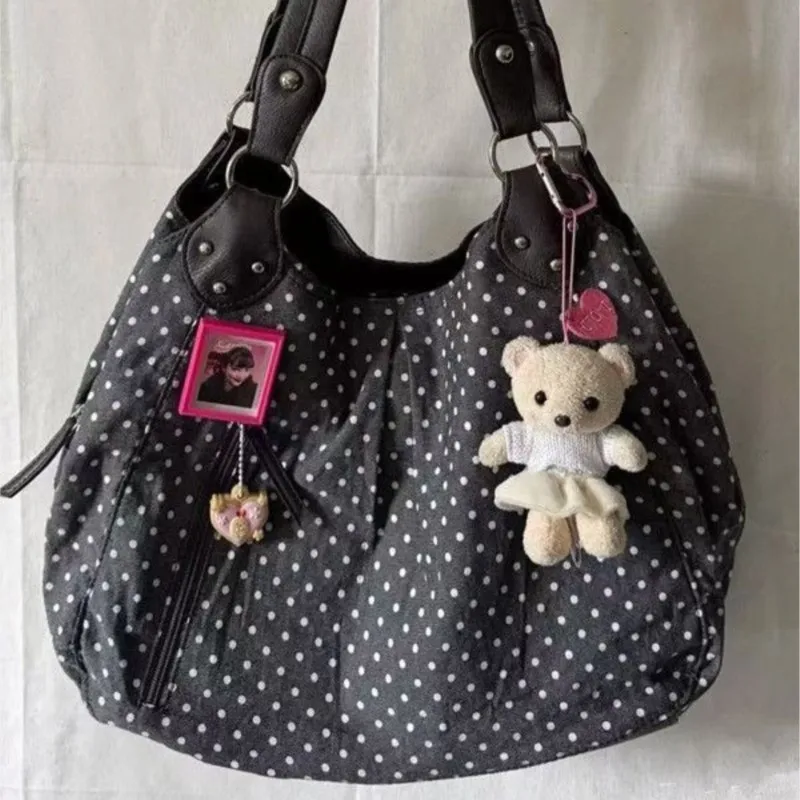 JIAERDI Harajuku Retro Polka Dot Tote Bag Women Black Wrinkle Large Capacity Shoulder Bag Ladies Sweet Cute Commute Underarm Bag