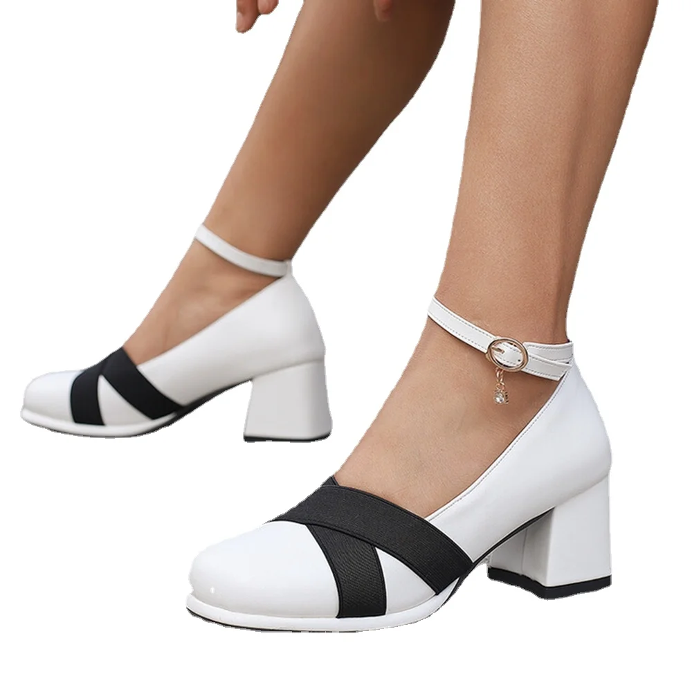 

Zapatos De Mujer Women High Heels Round Toe Buckle Strap Mary Jane Pumps Party Wedding White Black Cosplay Lolita Shoes 21304-9