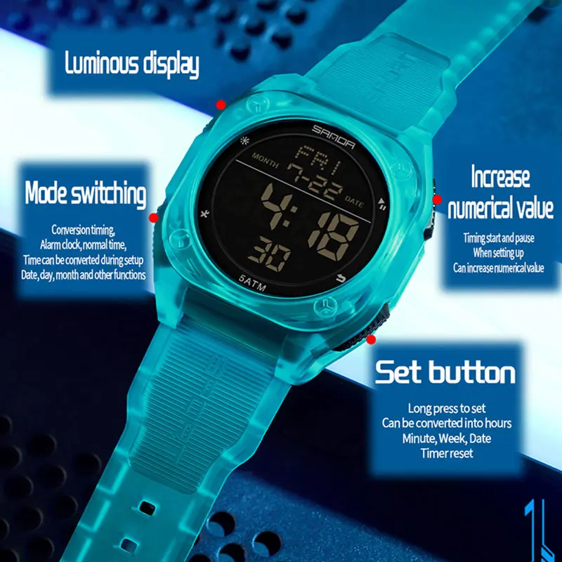 SANDA Digital Multifunction Waterproof Luminous Silicone Wristwatch