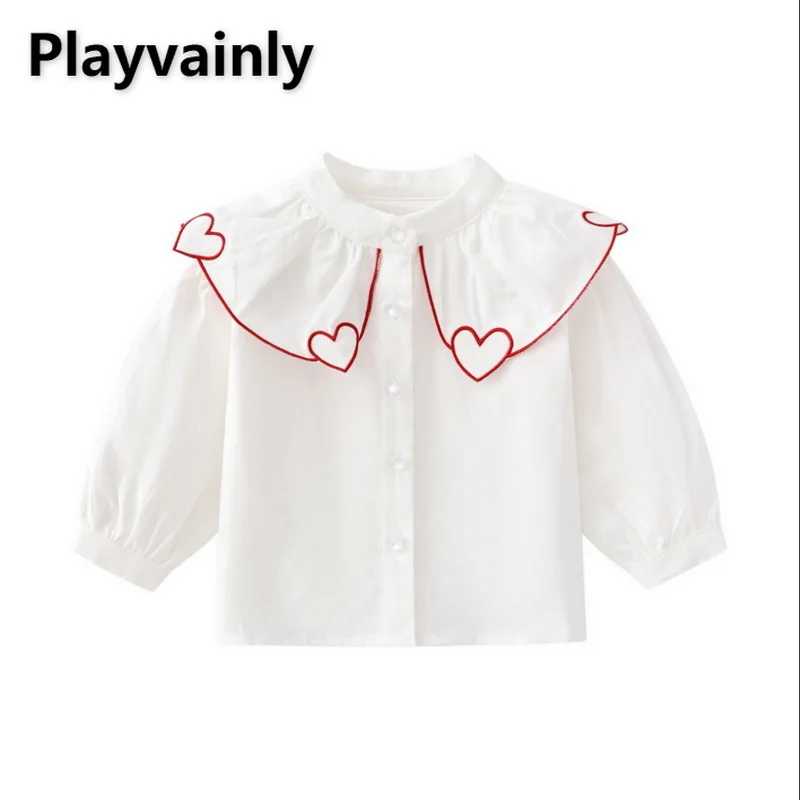 Kids Shirts Autumn Korean Style Love Collar Cotton Long Sleeve Blouse For Girls