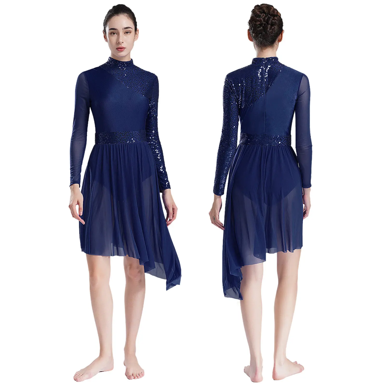 Vestido de baile lírico de Ballet con lentejuelas brillantes para mujer, cuello simulado, manga larga, dobladillo Irregular, vestidos de patinaje artístico gimnástico, disfraces