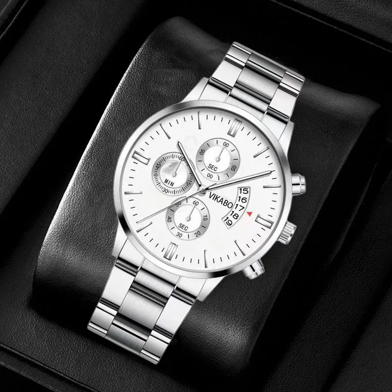 FashionQuartzStainlessSteelMensWatchCasualWristwatchCalendar