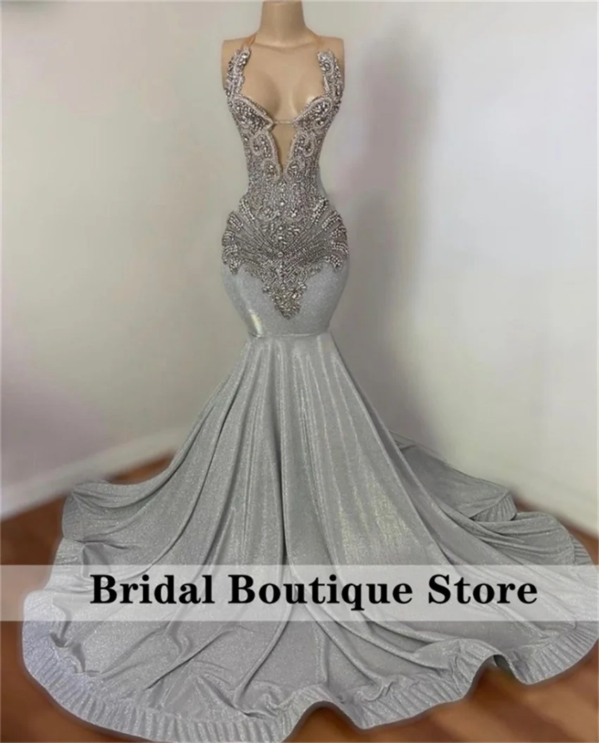 Women Prom Dresses Sparkly Silver Diamonds Mermaid Prom Dress Halter Rhinestones Wedding Party Birthday Evening Gown Customized