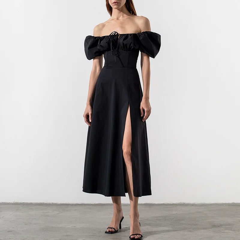 

Dress European and American New Women's Dress Bubble Sleeve Solid Color Split Skirt European and American Fashion Trend