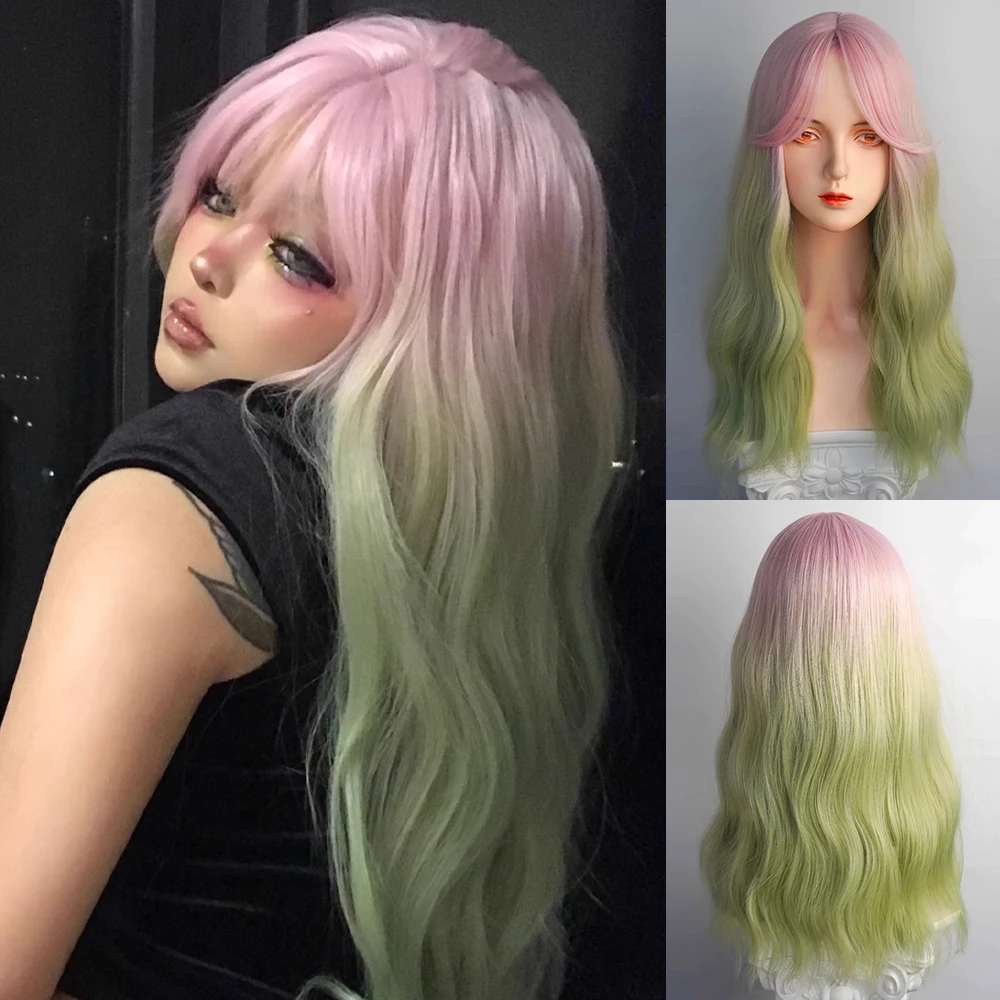 Ombre Pink Green Blend Long Wavy Synthetic Women Wig with Bangs Lolita Cosplay Fluffy Hair Wig for Daily Party