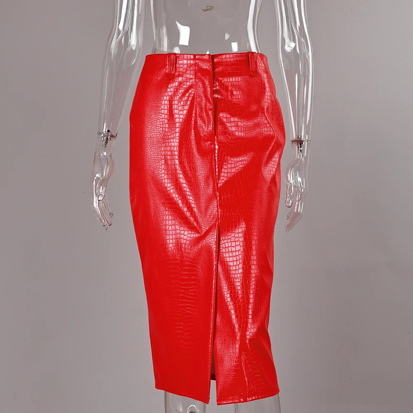 Linad Sexy Red PU Split Skirts For Women Street Chic Slim High Waist Zipper Skirts 2026 Vintage Straight Mid Calf Skirt Female