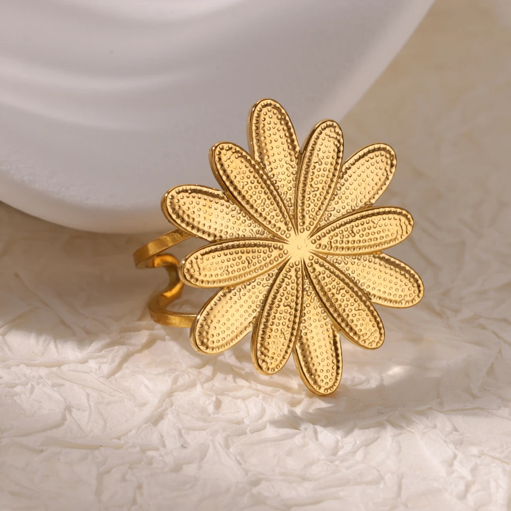 Gold Flower Stainless Steel Open Rings for Women Wedding