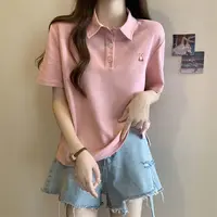 Pink Woman 100℅ Cotton Tshirt Embroidery Polo Neck T Shirt for Women Korean Clothing Y2k Fashion High Quality Youthful Elegant - Image 3