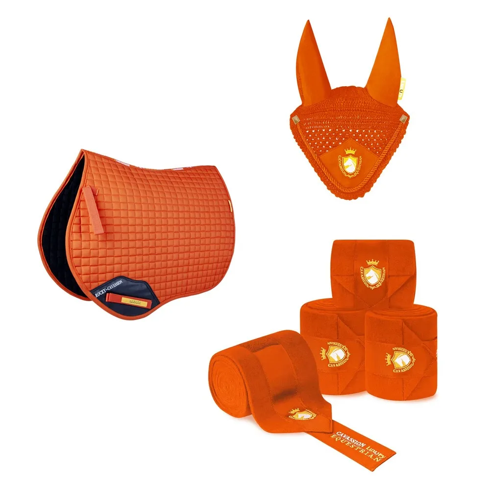 Three equestrian equipments for your horse ear cover saddle pad and bandage four color choice orange wine red navy and white