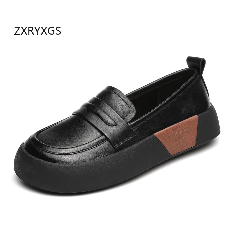 

ZXRYXGS Top Layer Cowhide Loafers Shoes Women's Flats 2024 British Style Spring New Genuine Leather Shoes Lazy Casual Shoes Tide